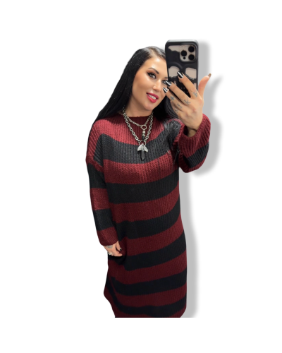 VESTIDO PUNTO LARGO RALLAS GRANATE Y NEGRO.