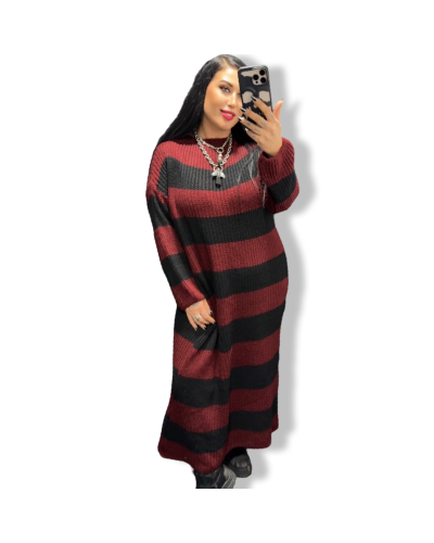 VESTIDO PUNTO LARGO RALLAS GRANATE Y NEGRO.